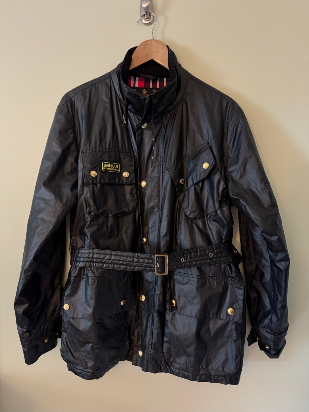Vintage Barbour Black Lightweight Poly Military Field Jacket with Belt